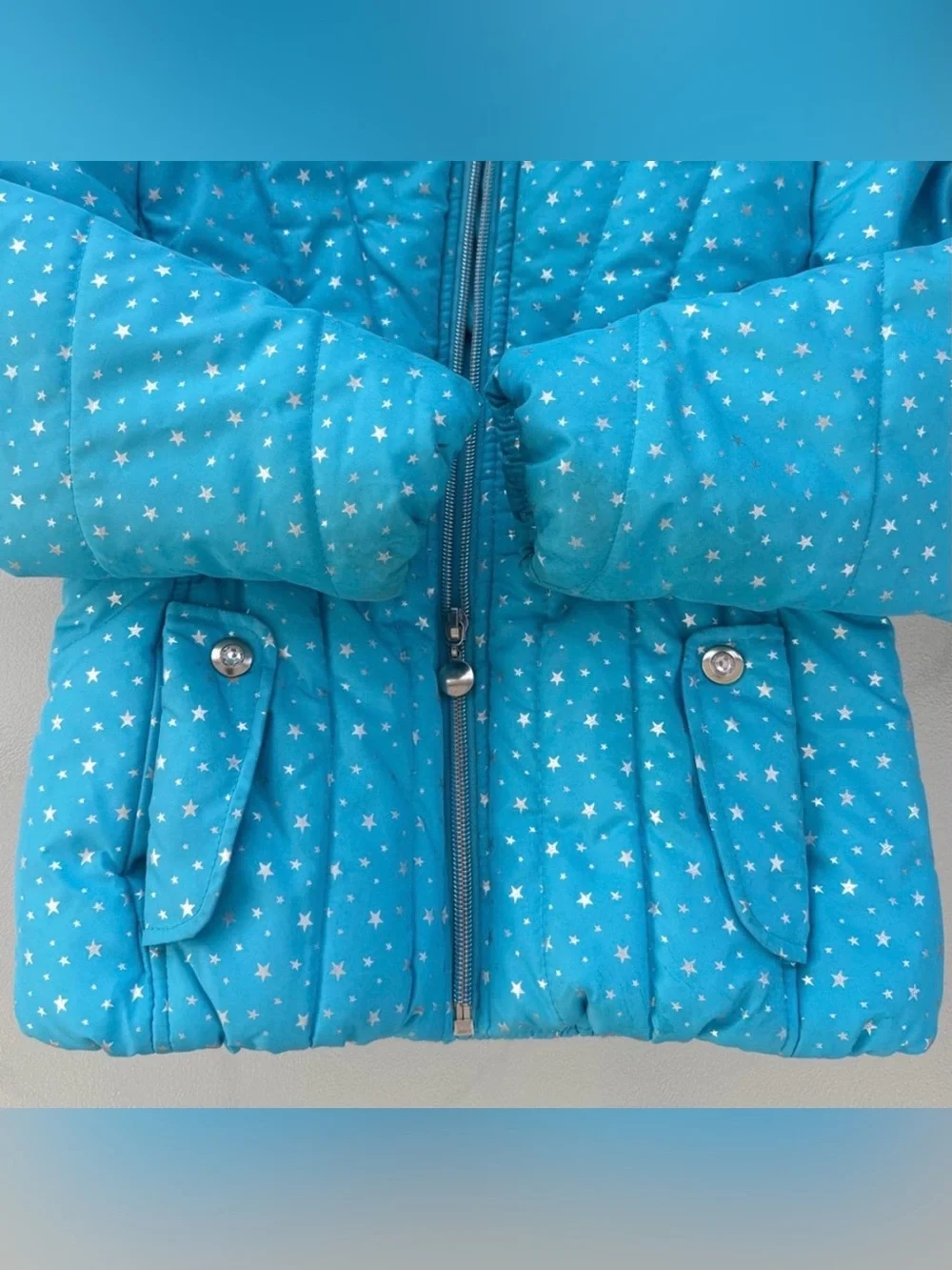 Rothschild Light Blue Starry Winter Jacket with Faux Fur Hood ~ Girls 4